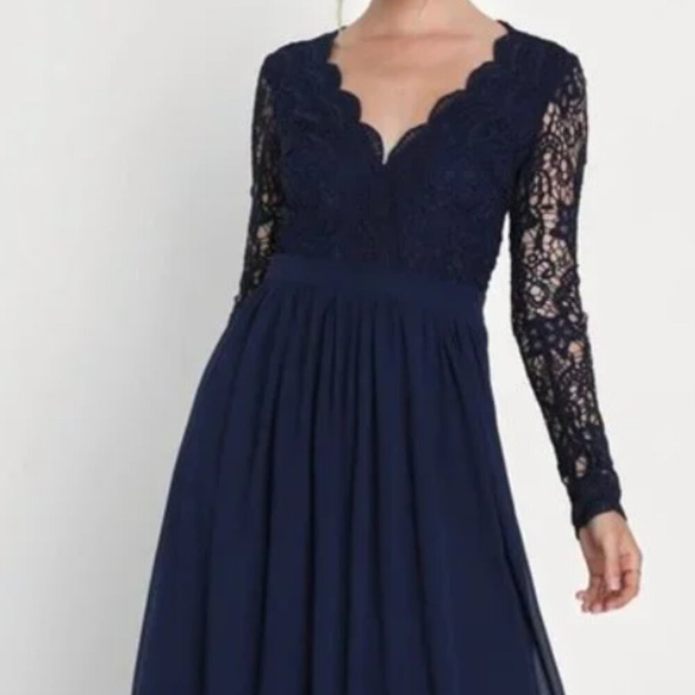 Faeriesty Lace Scalloped V-Neck Top Satin Bottom Navy Blue Dress, Size Large
